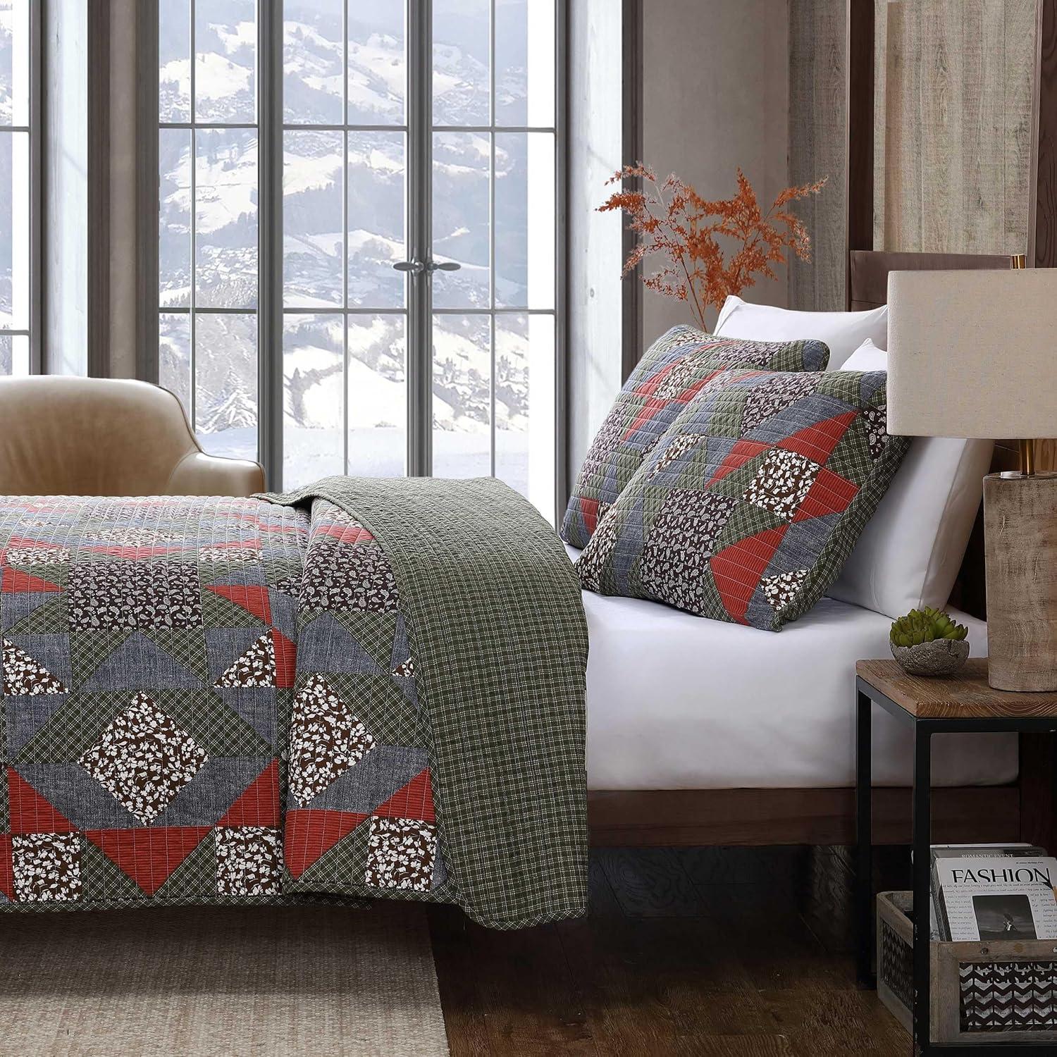 Eddie Bauer Block Patchwork Cotton Reversible Green Quilt Set