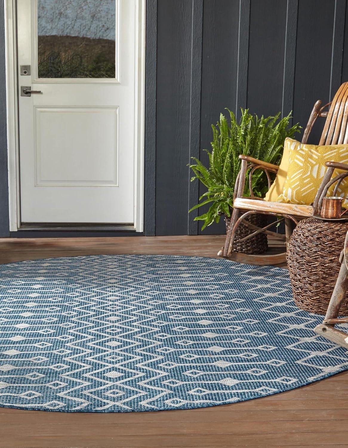 Unique Loom 10' 0 x 10' 0 Round Indoor/Outdoor Trellis Blue Area Rug