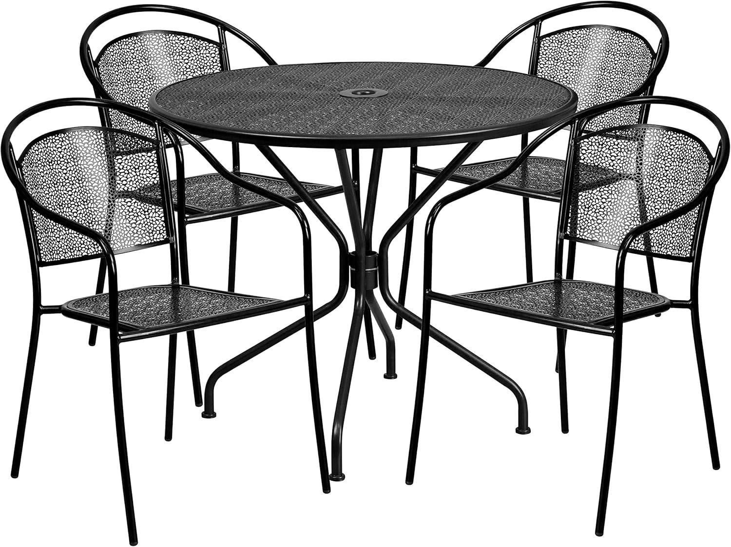 Flash Furniture Oia Commercial Grade 35.25" Round Black Indoor-Outdoor Steel Patio Table Set with 4 Round Back Chairs