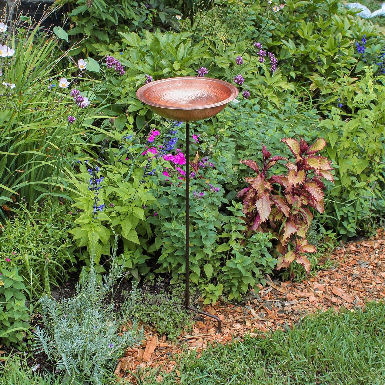 Hammered Solid Copper Birdbath with Stake