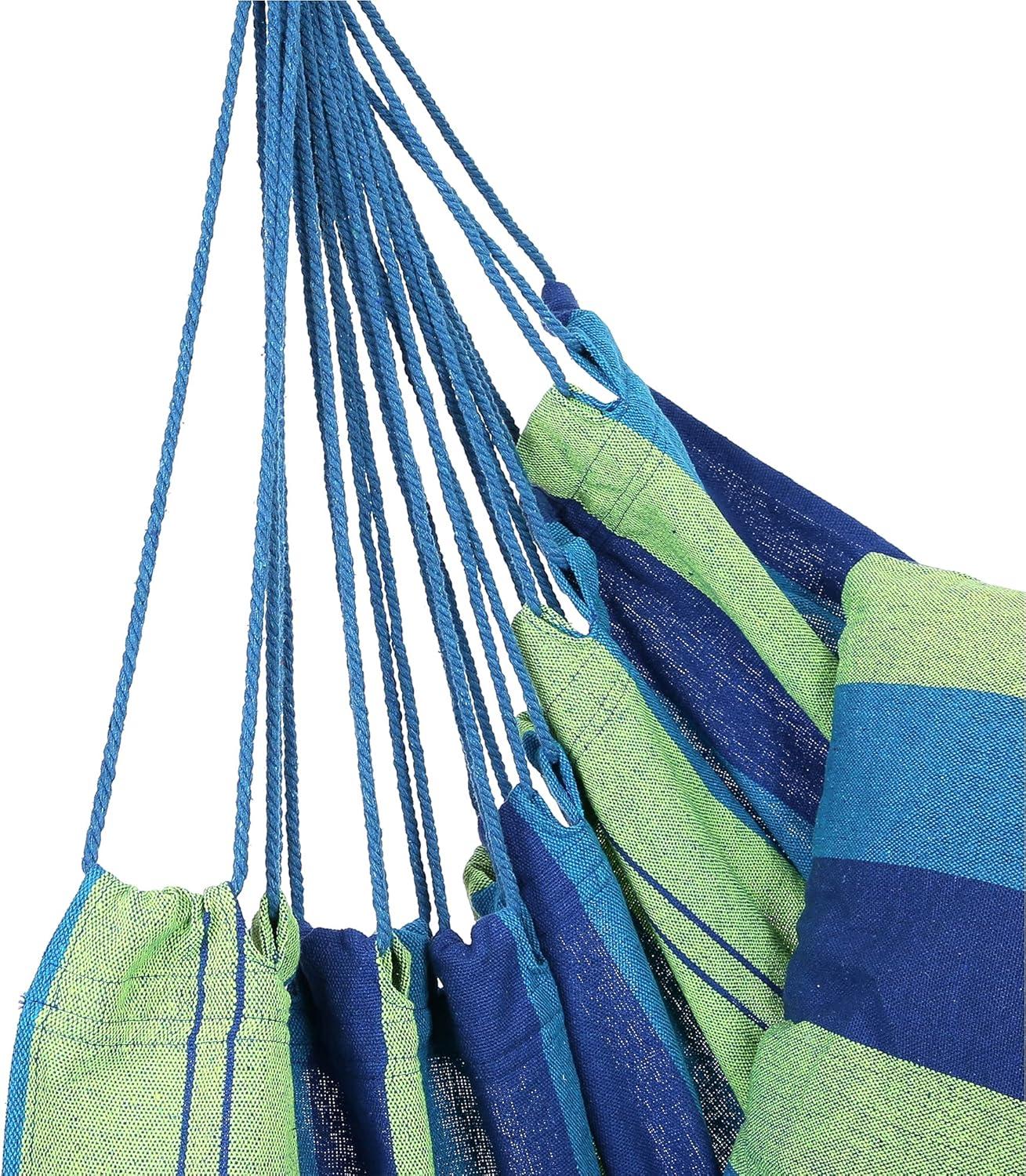 Blissun Hanging Hammock Chair, Hanging Swing Chair with Two Cushions, 34 Inch Wide Seat Blue & Green Stripes (Seaside Stripe)