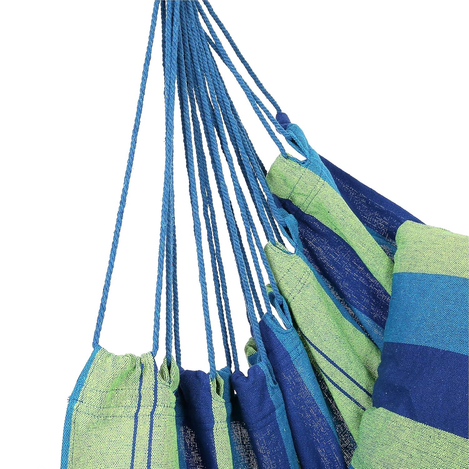 Blissun Hanging Hammock Chair, Hanging Swing Chair with Two Cushions, 34 Inch Wide Seat Blue & Green Stripes (Seaside Stripe)