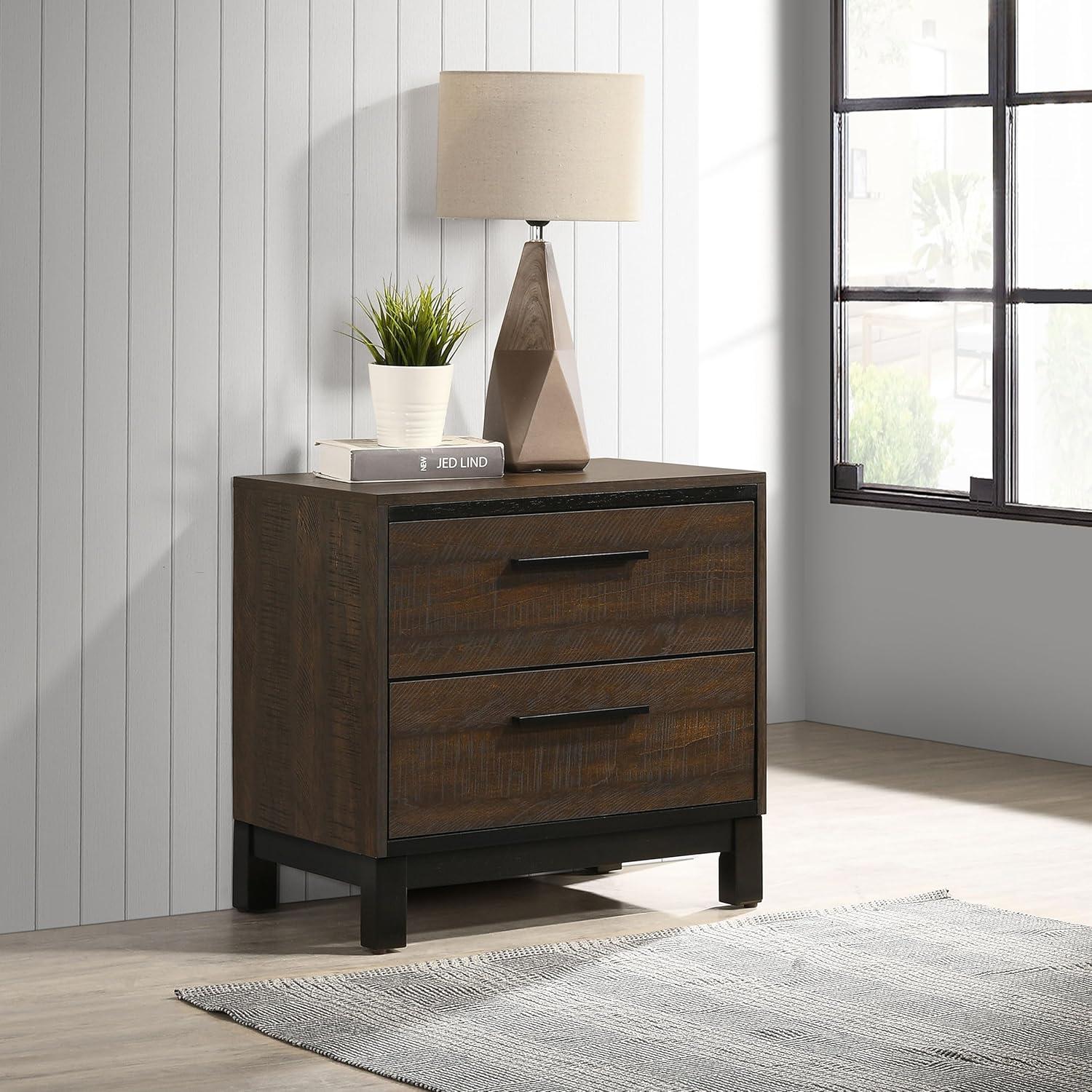 SIMPLE RELAX Edmonton 2 Drawer Nightstand, Rustic Tobacco, Dark Bronze