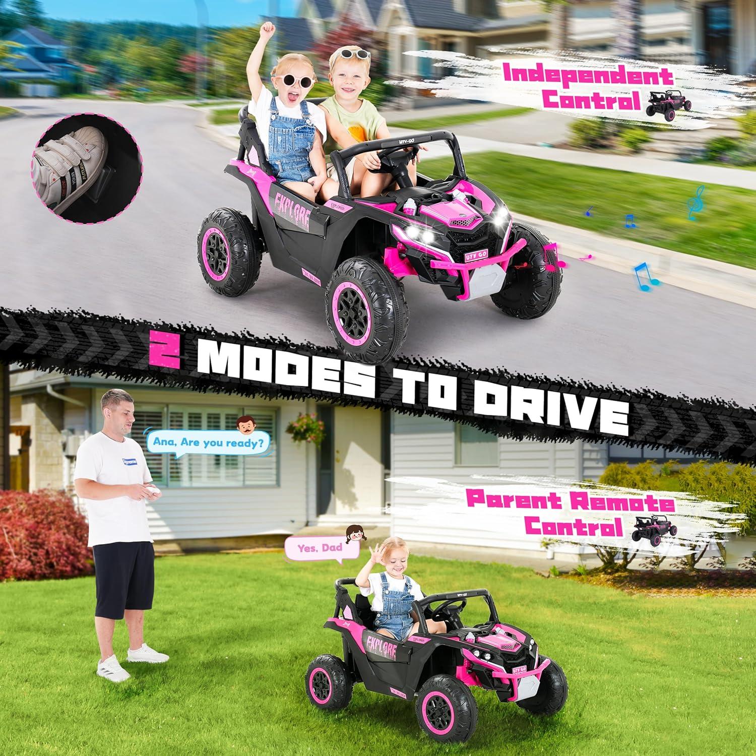Yisufo 24V Kids Ride on Toys UTV with Remote Control,4WD 2 Seater Ride on Truck Car,7Ah Large Battery Electric Car with 3 Speed, LED Lights, Music for 3-8 Years Kids Pink