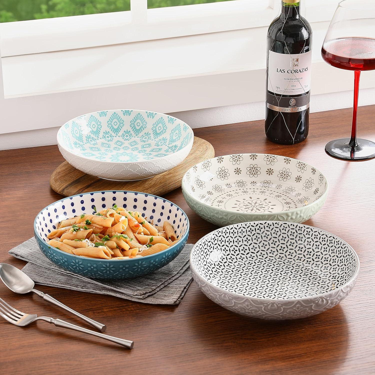 Colorful Ceramic 8.5-Inch Salad and Pasta Bowls Set