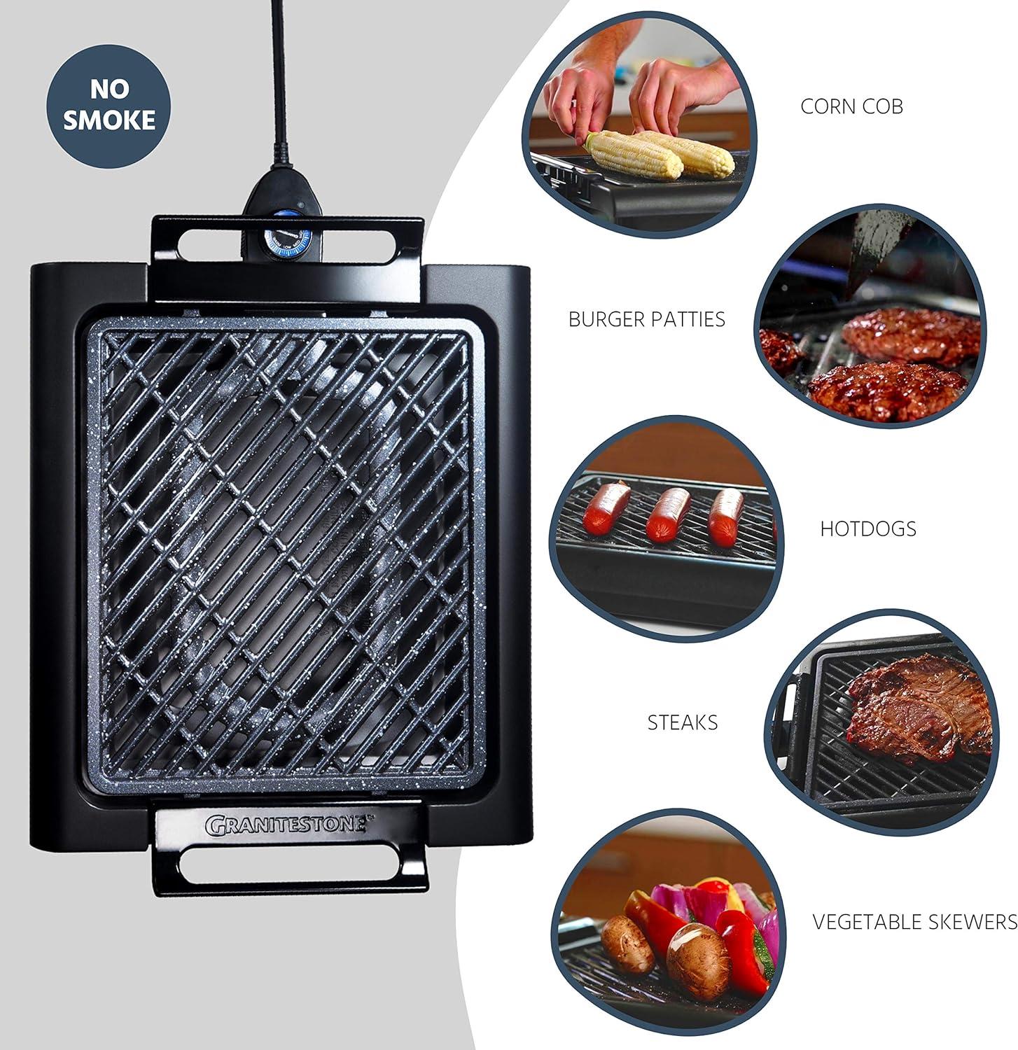Granite Stone Indoor Nonstick Electric Smoke-Less Grill with Cool-Touch Handles and Adjustable Temperature Dial – Black, 16" x 14”