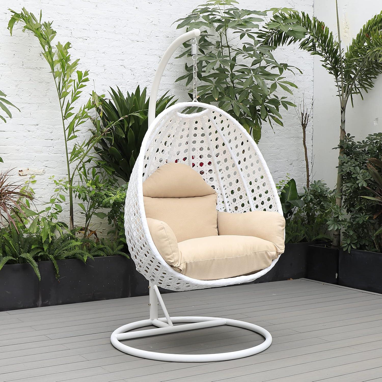 LeisureMod White Wicker Indoor Outdoor Bedroom Patio Hanging Egg Swing Chair with Stand and Cushion Beige