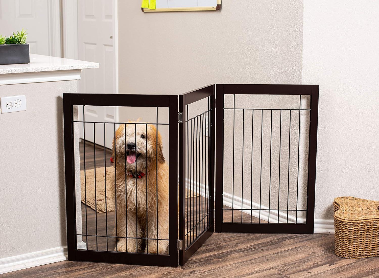 Espresso Freestanding 3-Panel Dog Gate with Wire Mesh
