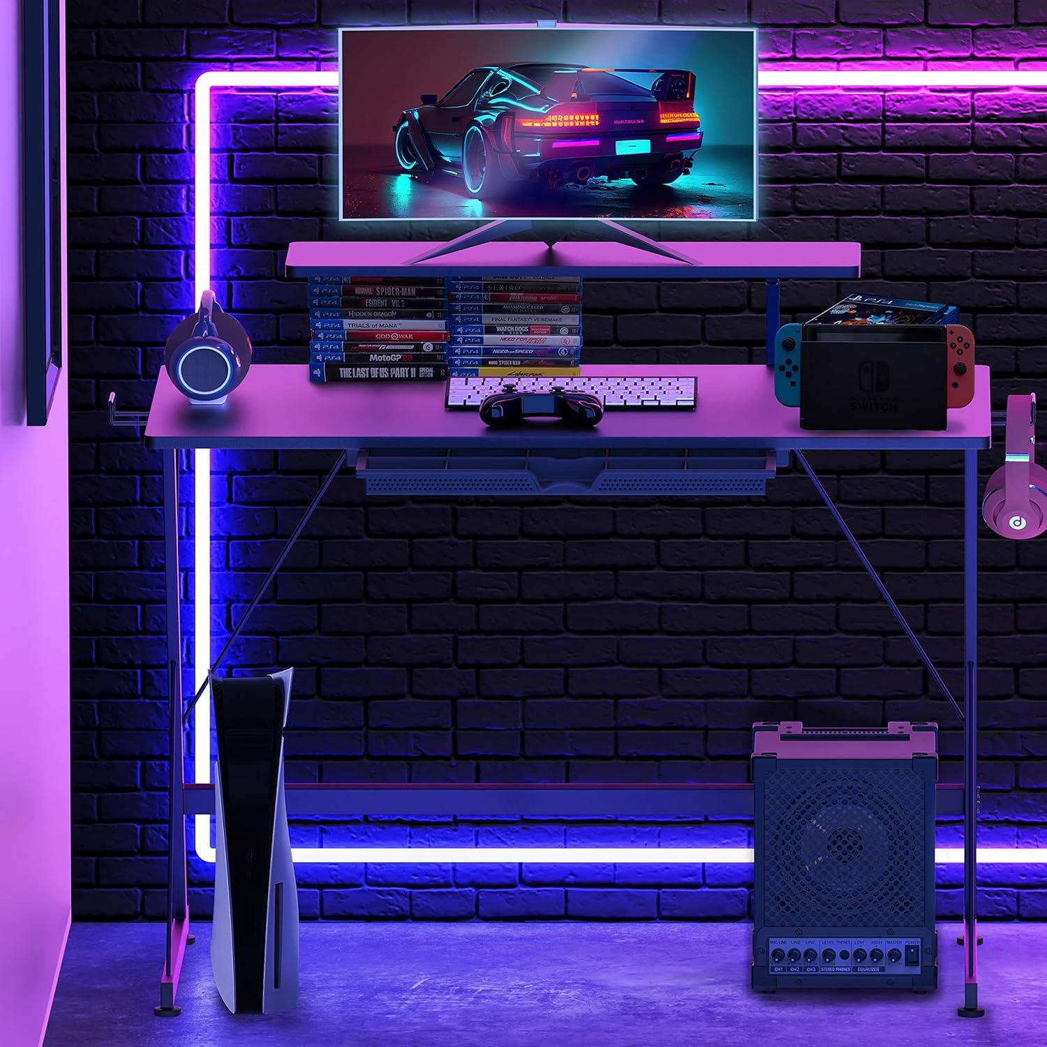 SHW 40-Inch Gaming Desk with Monitor Riser, Drawer and Hooks, Black