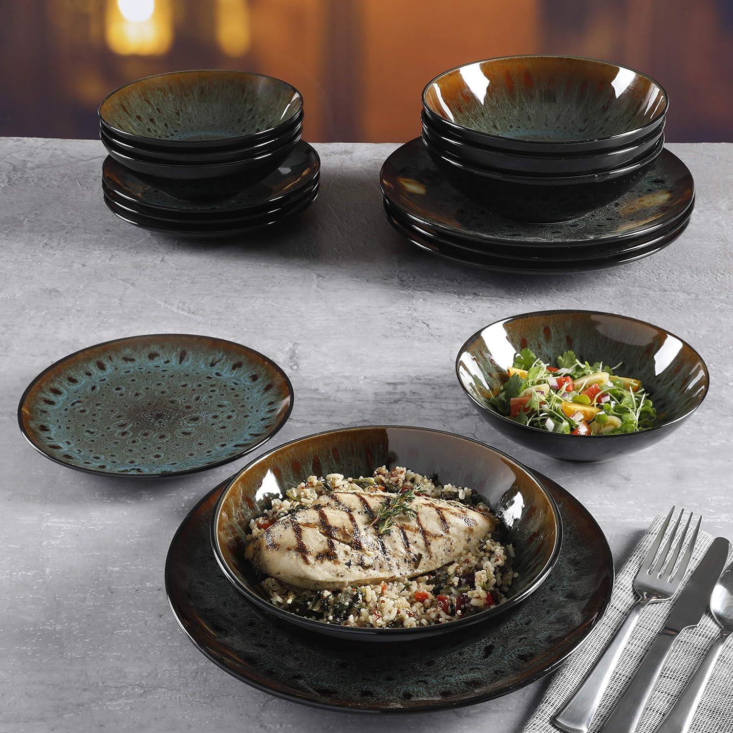 Gibson Elite Kyoto 16 Piece Double Bowl & Plate Dinnerware Set, Teal