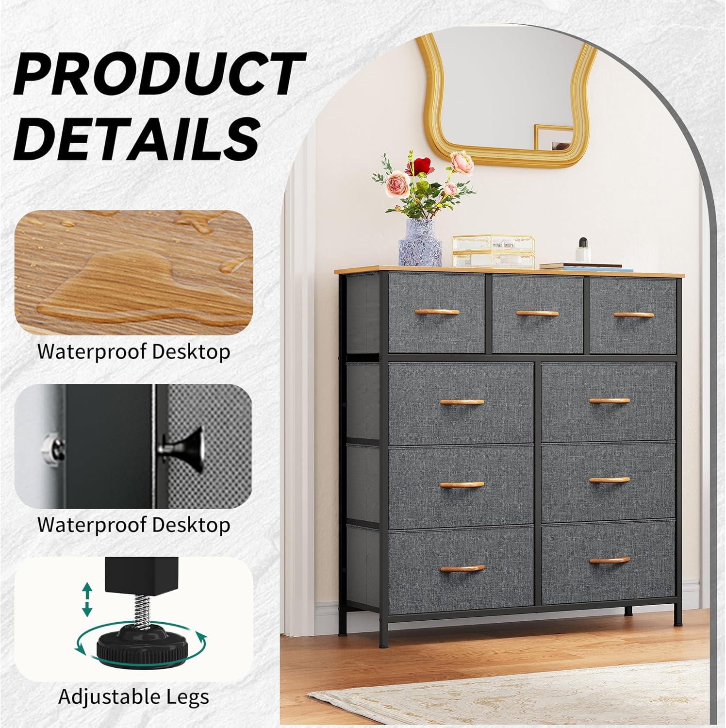 YITAHOME Dresser for Bedroom with 9 Drawers, Fabric Storage Dresser, Closet & Chest of Drawers for Living Room, Closets - Sturdy Steel Frame, Wooden Top & Easy Pull Fabric Bins(Dark Grey)