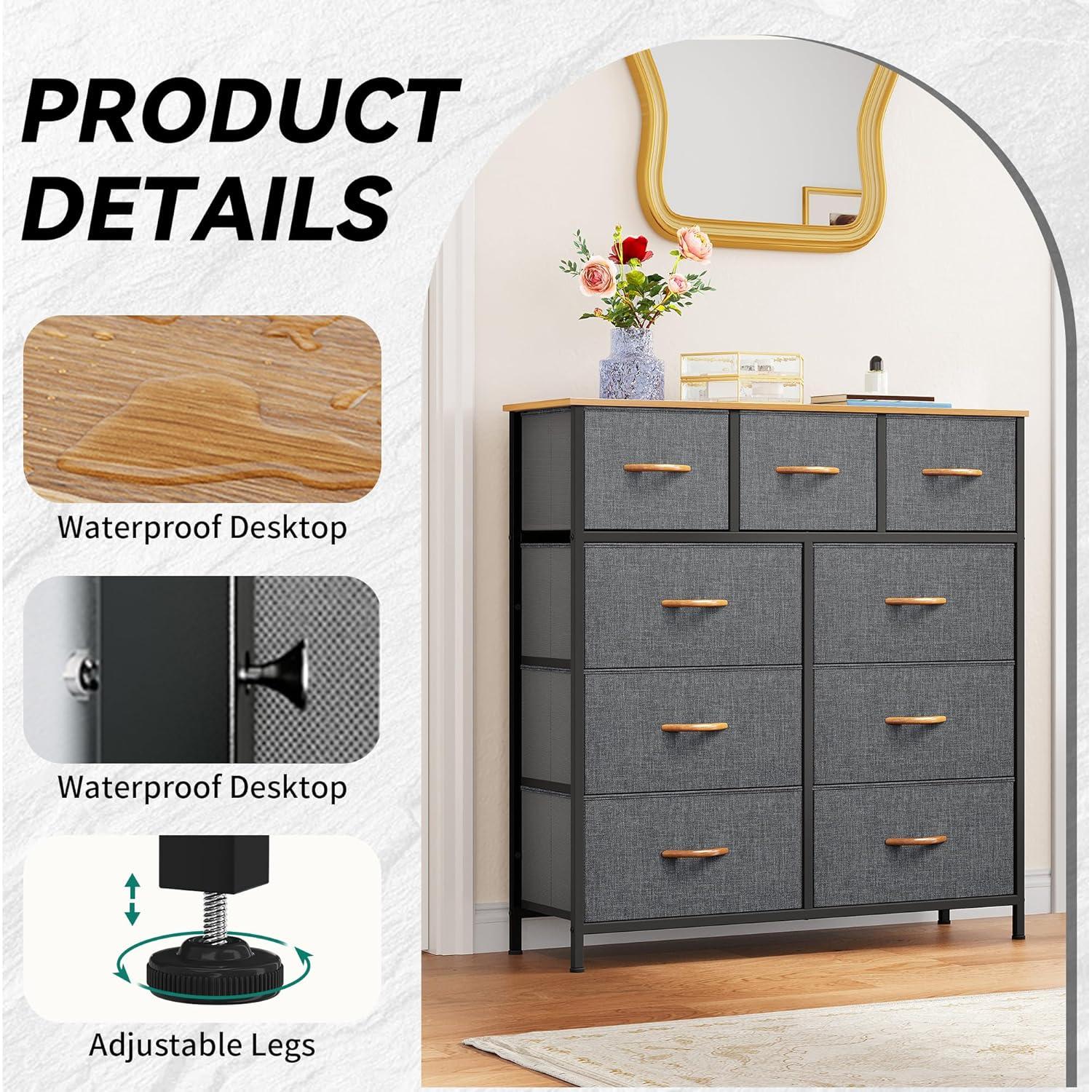 YITAHOME Dresser for Bedroom with 9 Drawers, Fabric Storage Dresser, Closet & Chest of Drawers for Living Room, Closets - Sturdy Steel Frame, Wooden Top & Easy Pull Fabric Bins(Dark Grey)