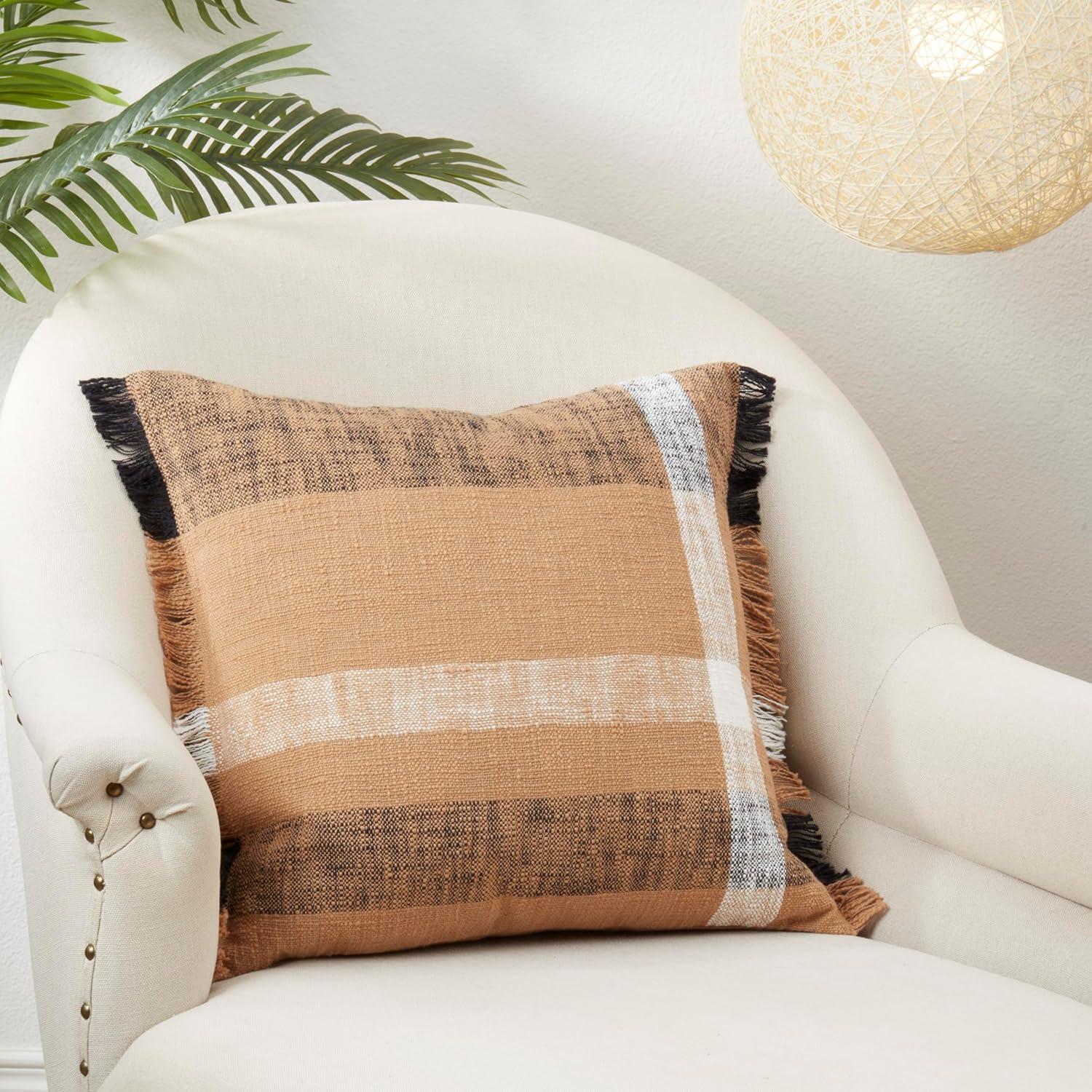 Saro Lifestyle Maxi Plaid Pattern Down Filled Throw Pillow, Beige, 20"x20"