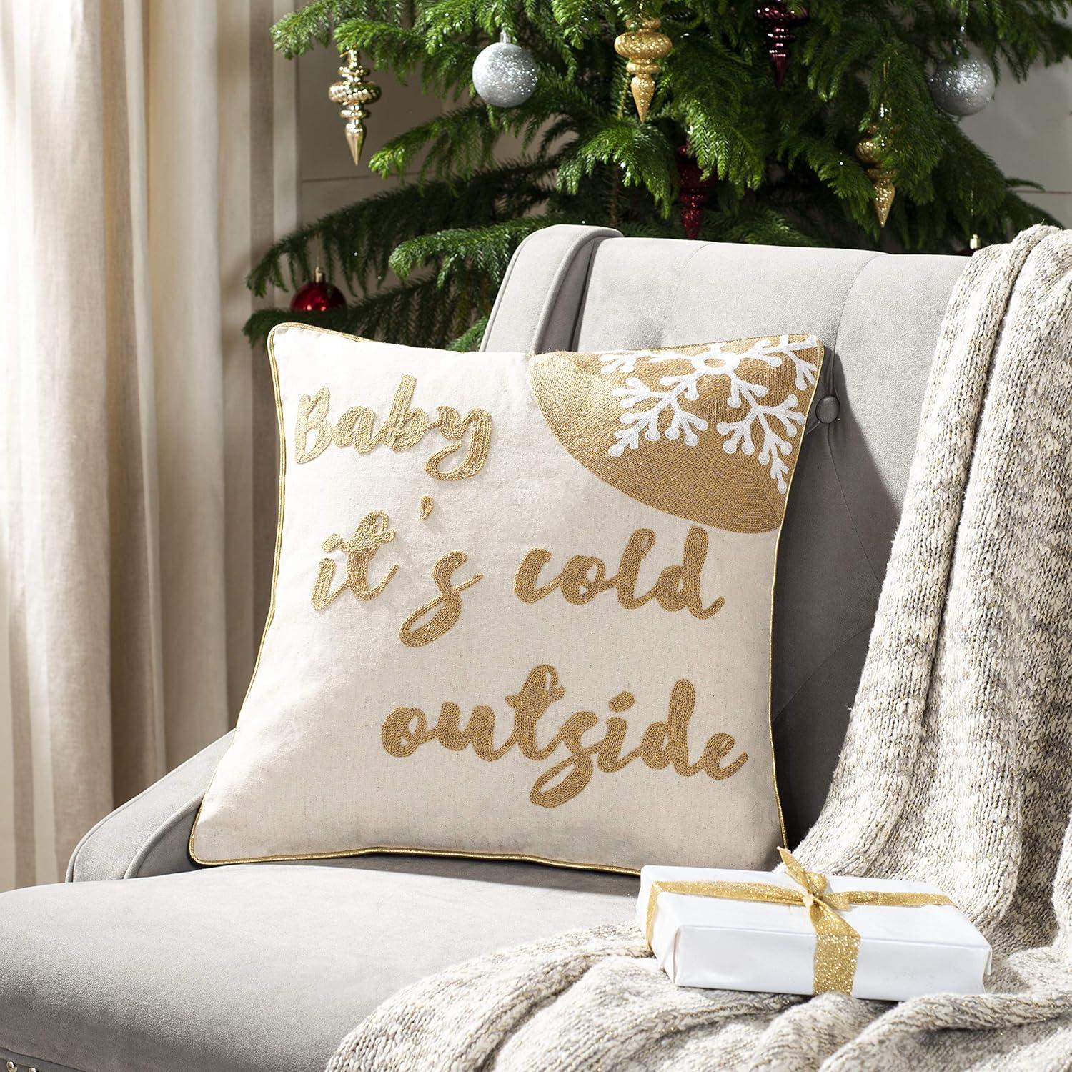 Cold Outside Beige and Gold 18" Square Decorative Pillow