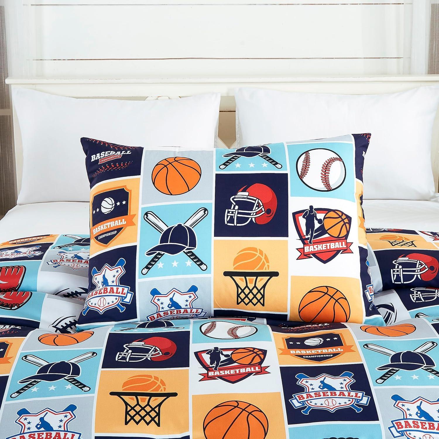 Chezmoi Collection 3-Piece Kids Multi-Color My Sports Basketball Baseball Football Soccer Microfiber Comforter Set, Twin