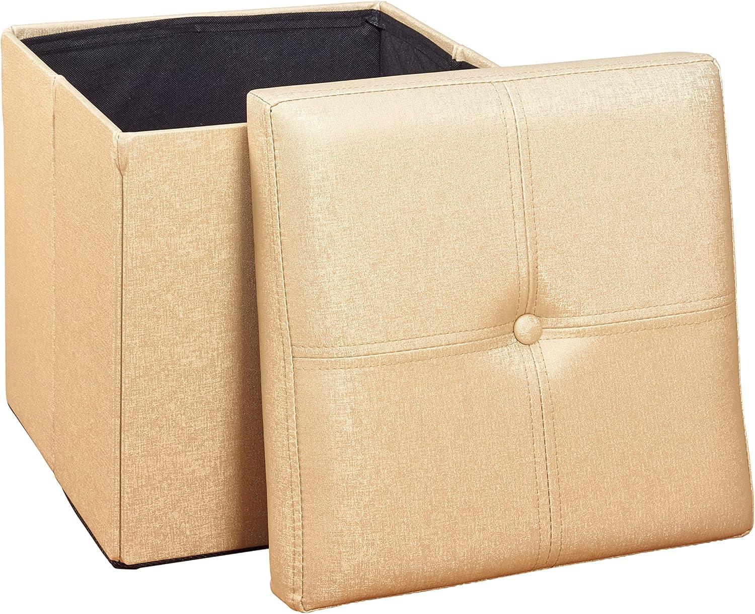 Elegant Gold Faux Leather Folding Storage Ottoman Cube