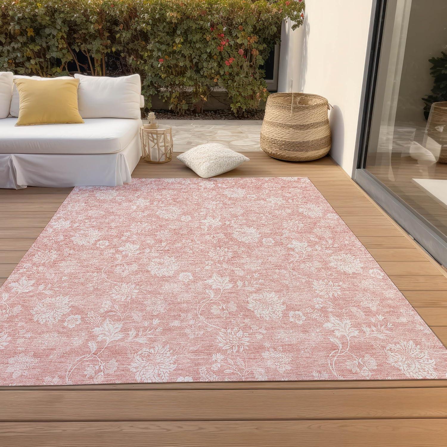 Pink Floral Rectangular Washable Synthetic Area Rug