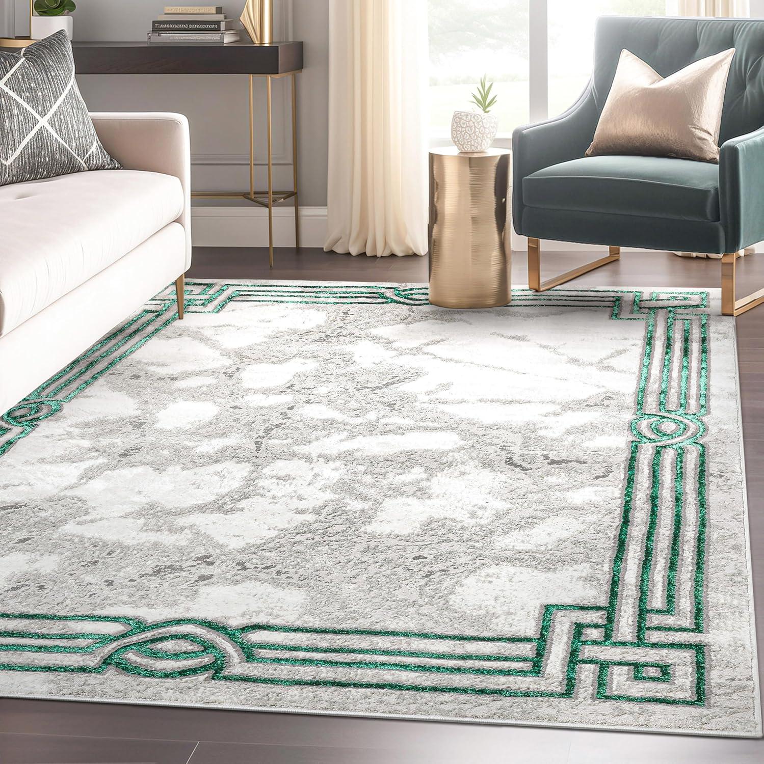 Green and Gray Abstract Marble Pattern 5' x 7' Area Rug