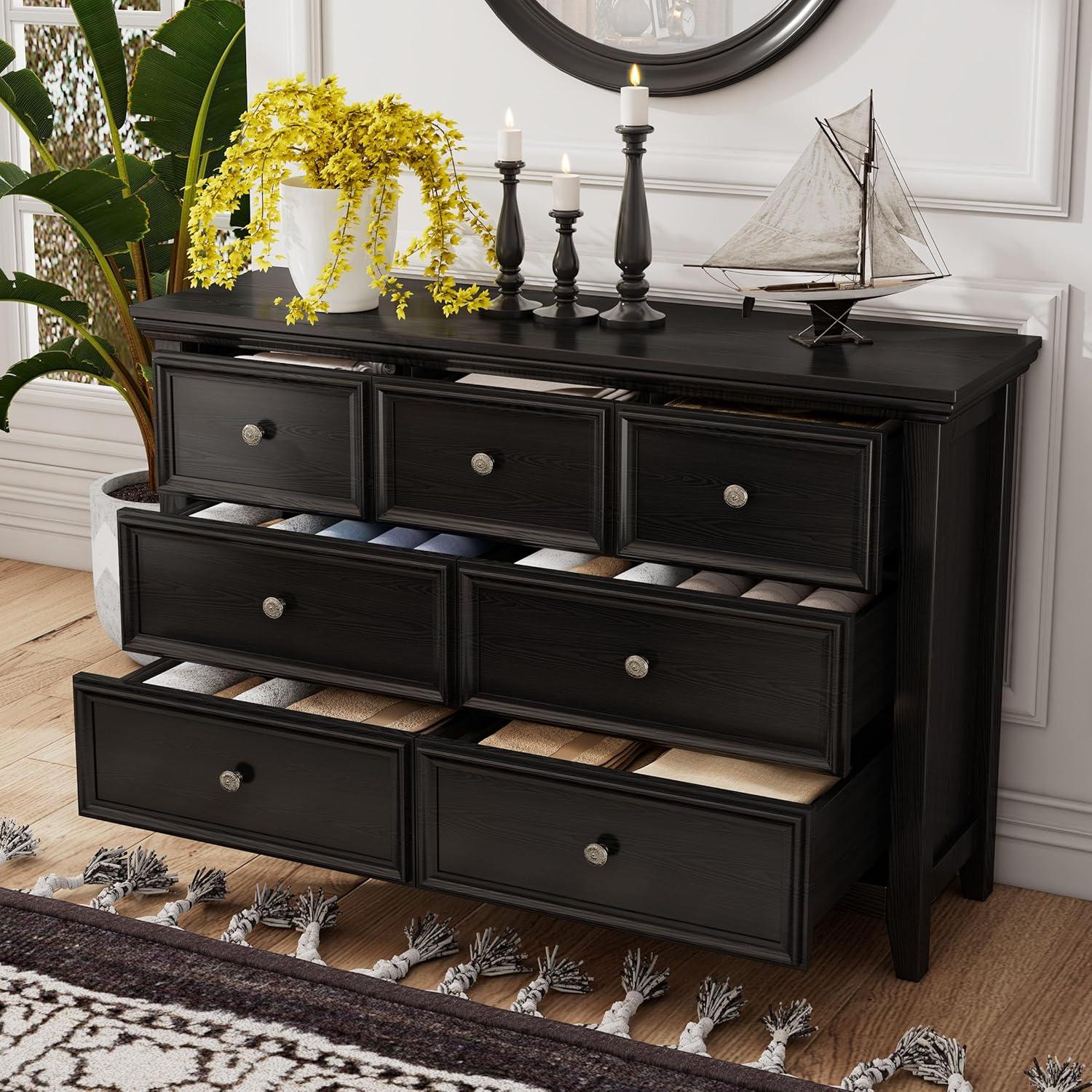 Black Wood 7-Drawer Dresser with Metal Handles