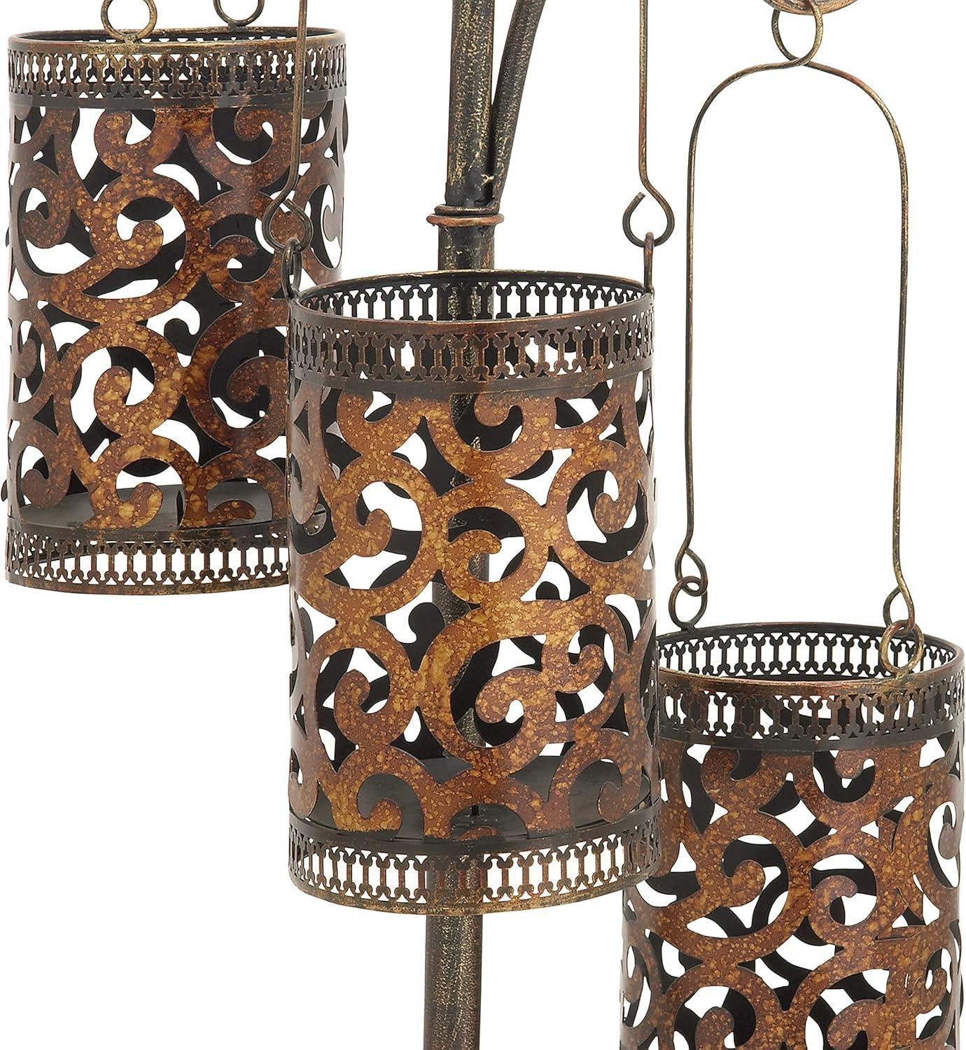 DecMode 3 Holder Brass Metal Scroll Perforated Moroccan Standing Floor Candle Lantern with 3 Suspended Holders