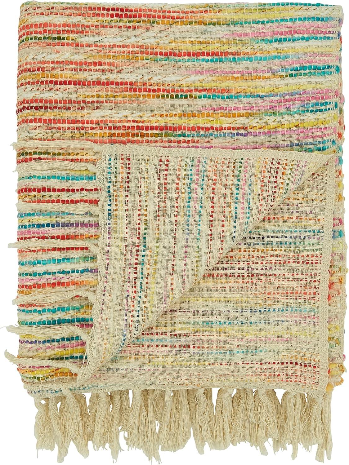 Multicolor Rainbow Stripe Cotton Acrylic Throw Blanket with Fringe