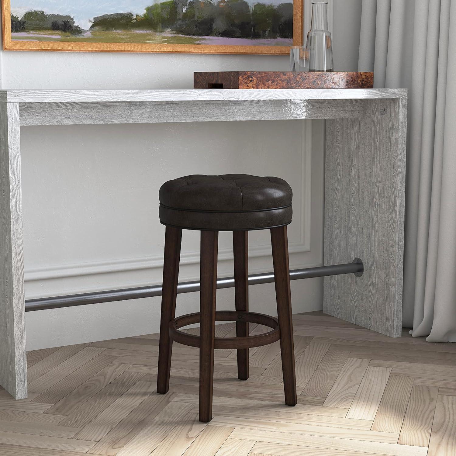 Dark Brown Backless Swivel Wood Bar Stool