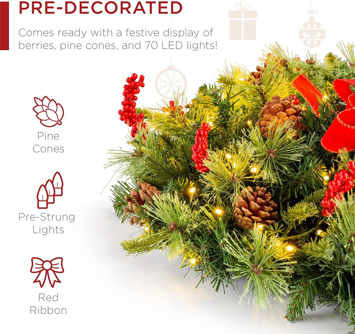 Best Choice Products Pre-Lit Battery Powered Christmas Wreath Decoration w/ PVC Tips, Ribbons