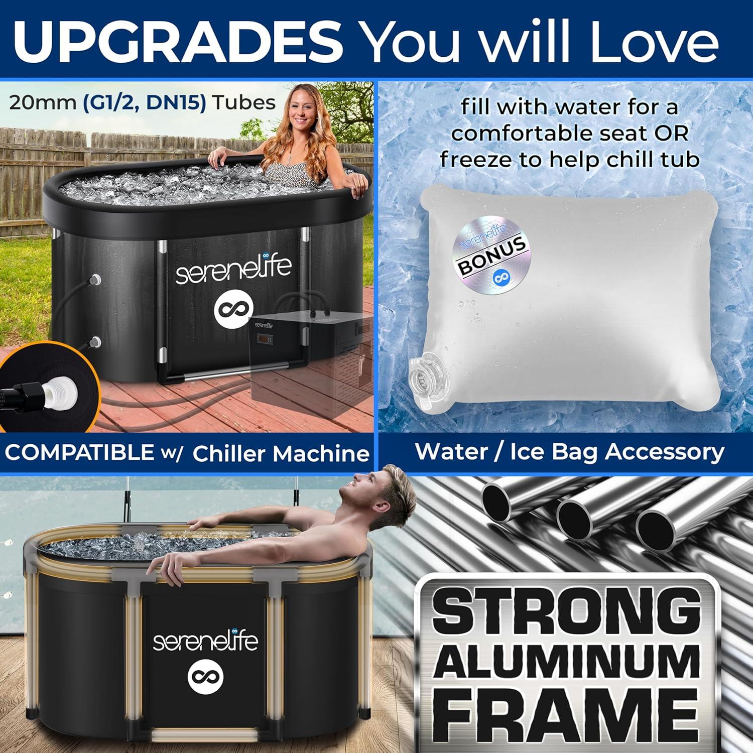 SereneLife 105 Gallon Insulated Oval Ice Bath Tub for Athletes, One Person Cold Plunge Therapy Recovery Pod for Recovery, Multi Layered with Aluminum Frame, Portable for Indoor Outdoor, Home, Gym Use