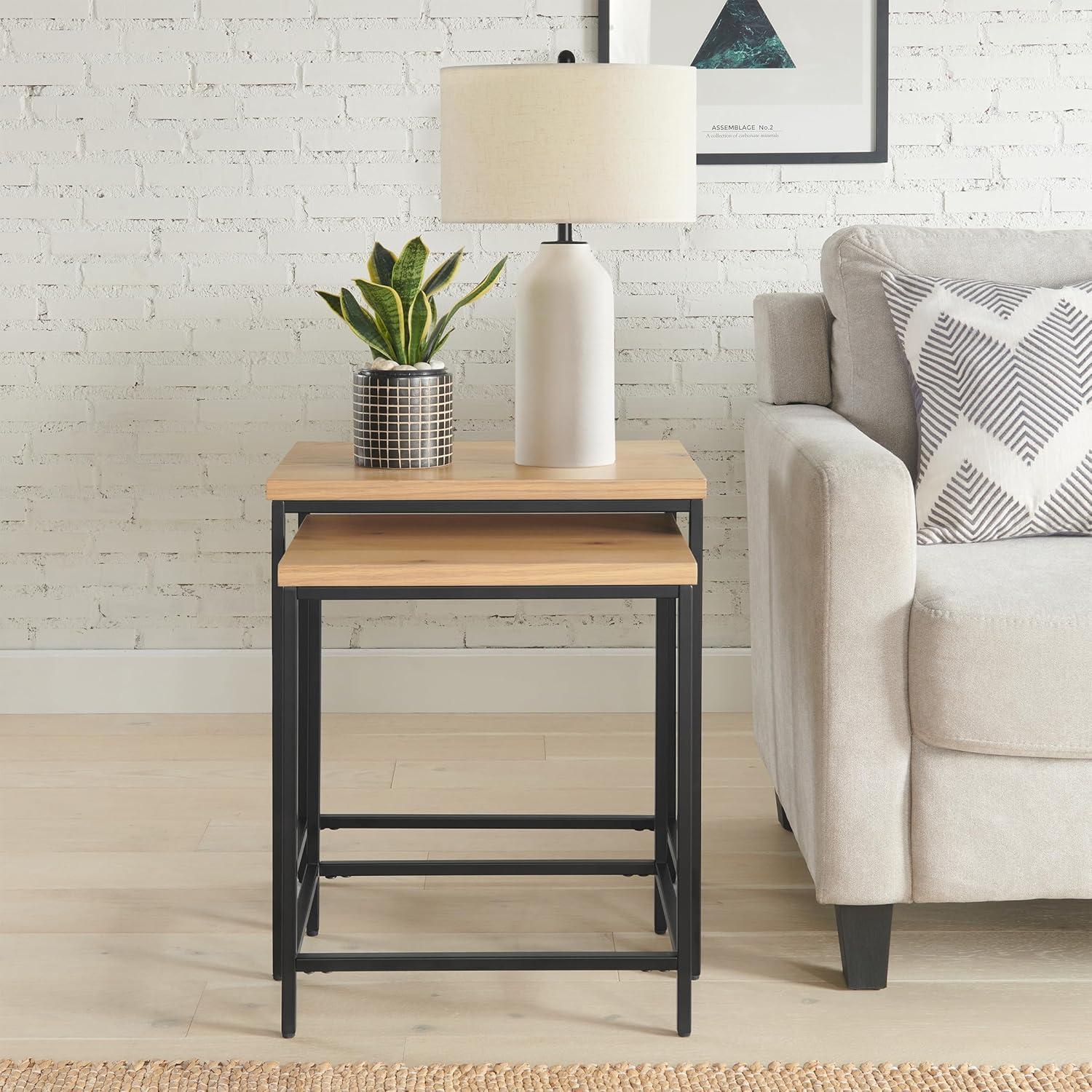 Lavish Home Set of 2 Modern Nesting Tables, End Tables for Living Room with Oak-Finished Top and Sturdy Metal Base