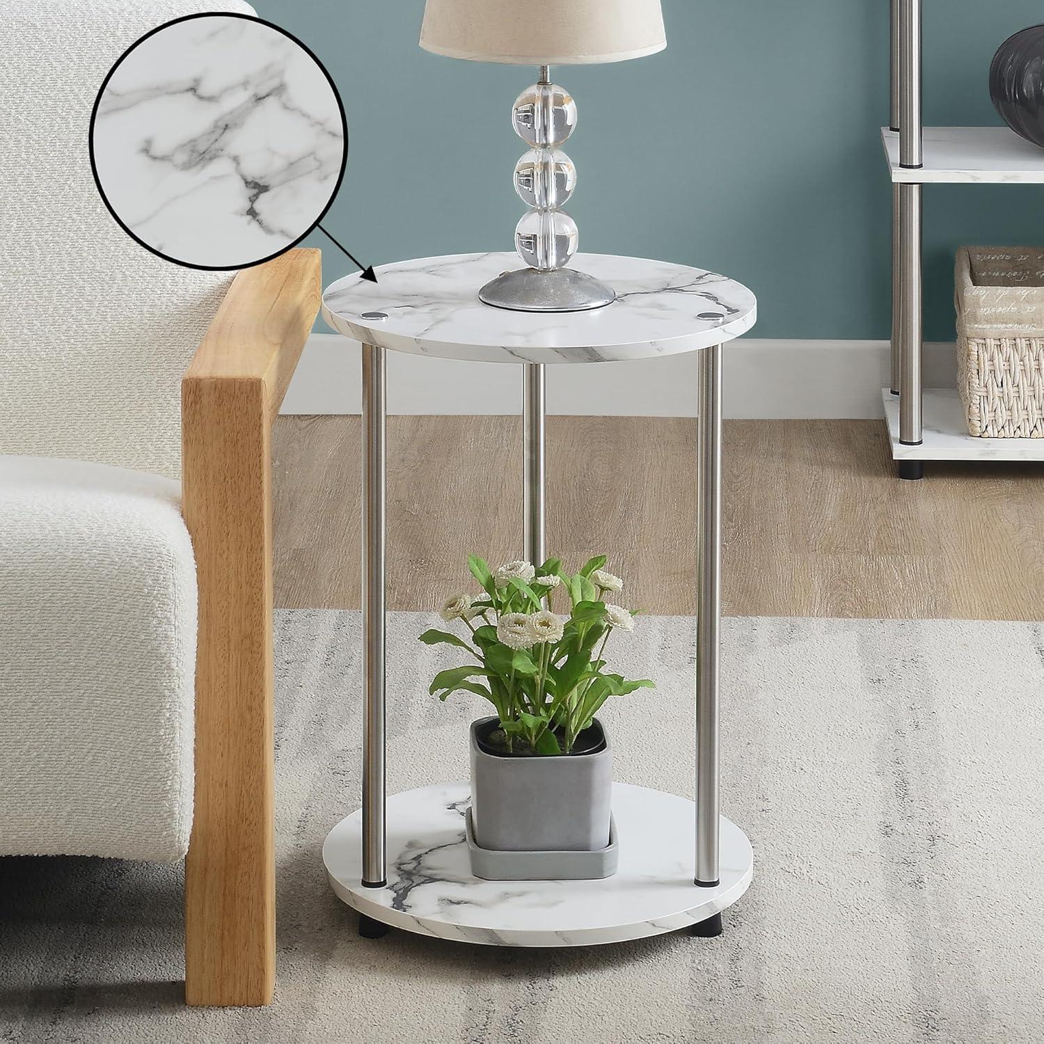 Convenience Concepts Designs2Go No Tools 2 Tier Round End Table, White Marble/Chrome