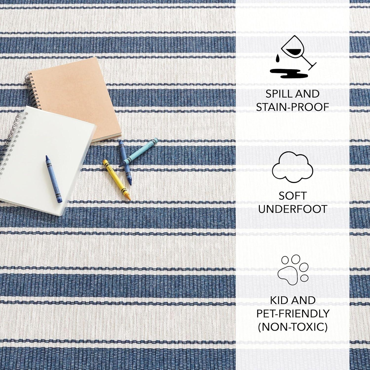 Blue Awning Stripe Machine Washable Rug