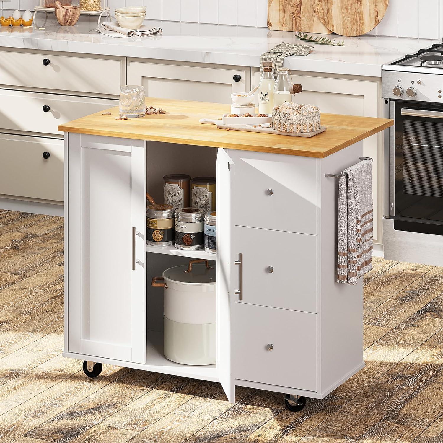 Sobaniilo Small Kitchen Island on Wheels with 3-Tier Side Spice Rack and Rubber Wood Top, Trolley Cart with Storage Cabinet & Drawer and Handle/Towel Rack, White