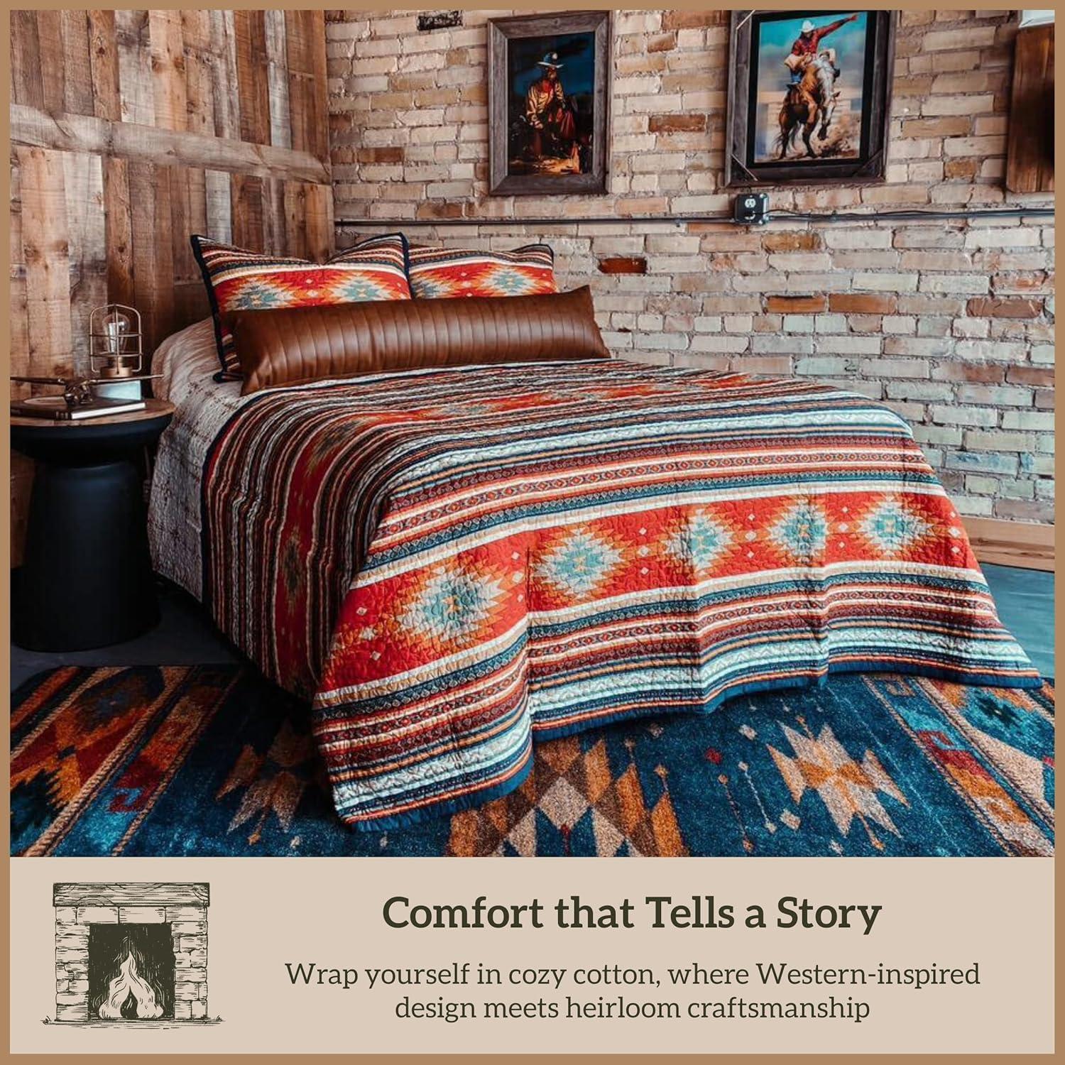Paseo Road by HiEnd Accents Del Sol Red/Orange/Tan Aztec Print Cotton Southwestern Style Reversible Quilt Set