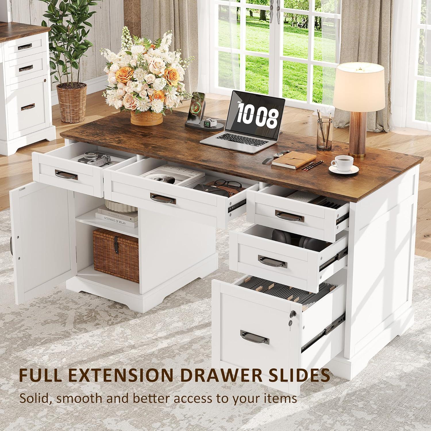 August Grove® 55'' Farmhouse Executive Desk with Drawers, File Cabinet and Power Outlets