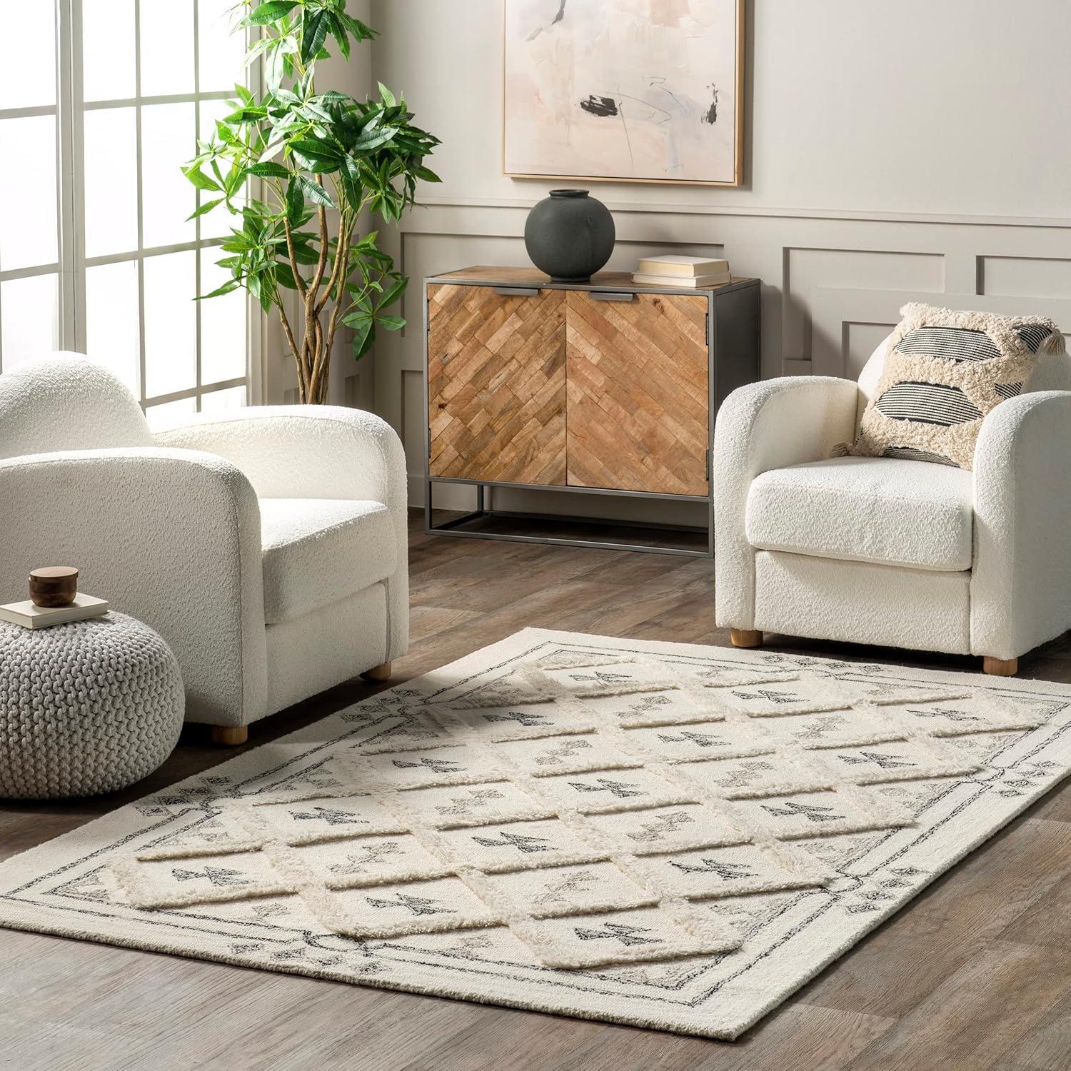 Nuloom Nadette Geometric 5x8 Wool Indoor Area Rug for Living Room Bedroom Dining Room Kitchen, Ivory