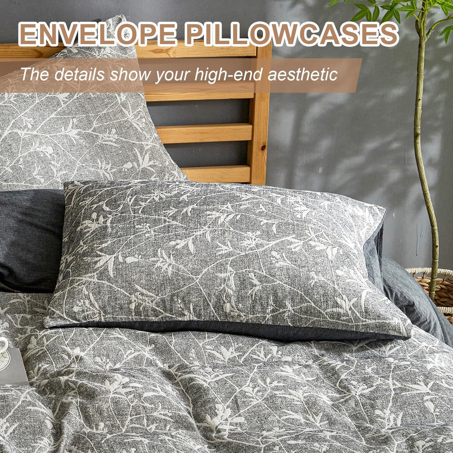 Ivellow Linen Cotton Blend Duvet Cover Set Queen - Jaquard Floral Textured Ultra Soft Breathable Grey Botanical Garden Flower Leaves Branch Bedding Set 3 Pcs
