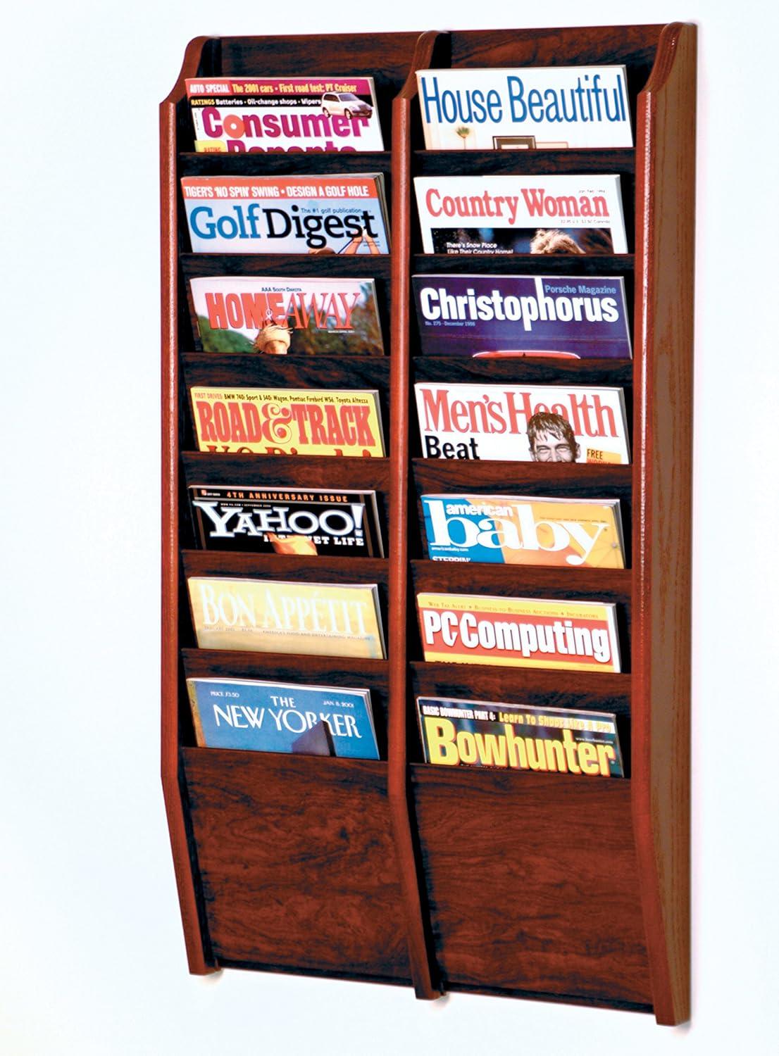 Wooden Mallet 14 Pocket wall Mount Magazine Rack in Mahogany