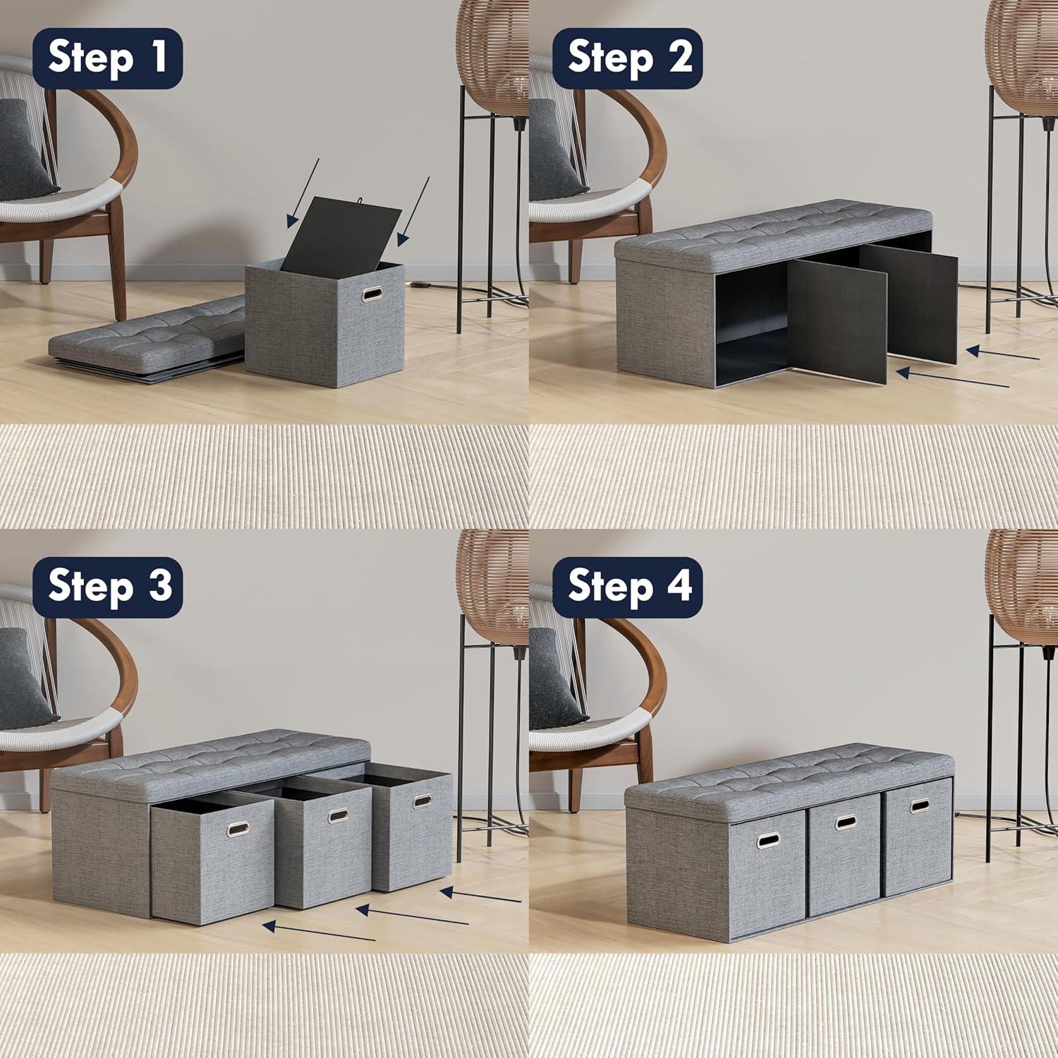 Ornavo Home Collapsible Large Storage Bench Ottoman with Drawers - 40" Inch - Charcoal Gray