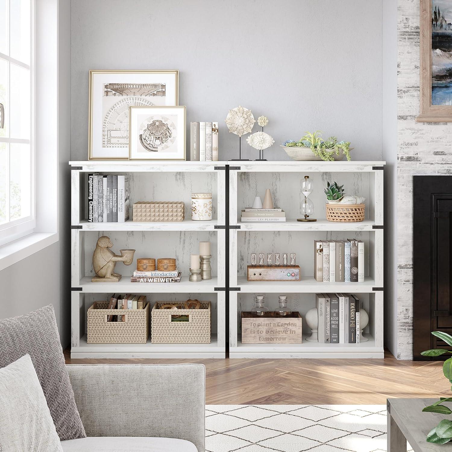 White 40" Farmhouse 3-Tier MDF and Metal Bookcase