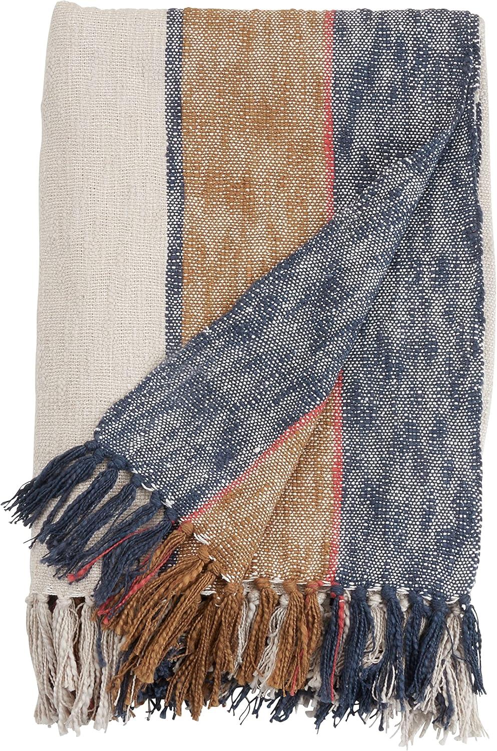 Multicolor Cotton Striped Throw Blanket with Fringe, 52"x68"