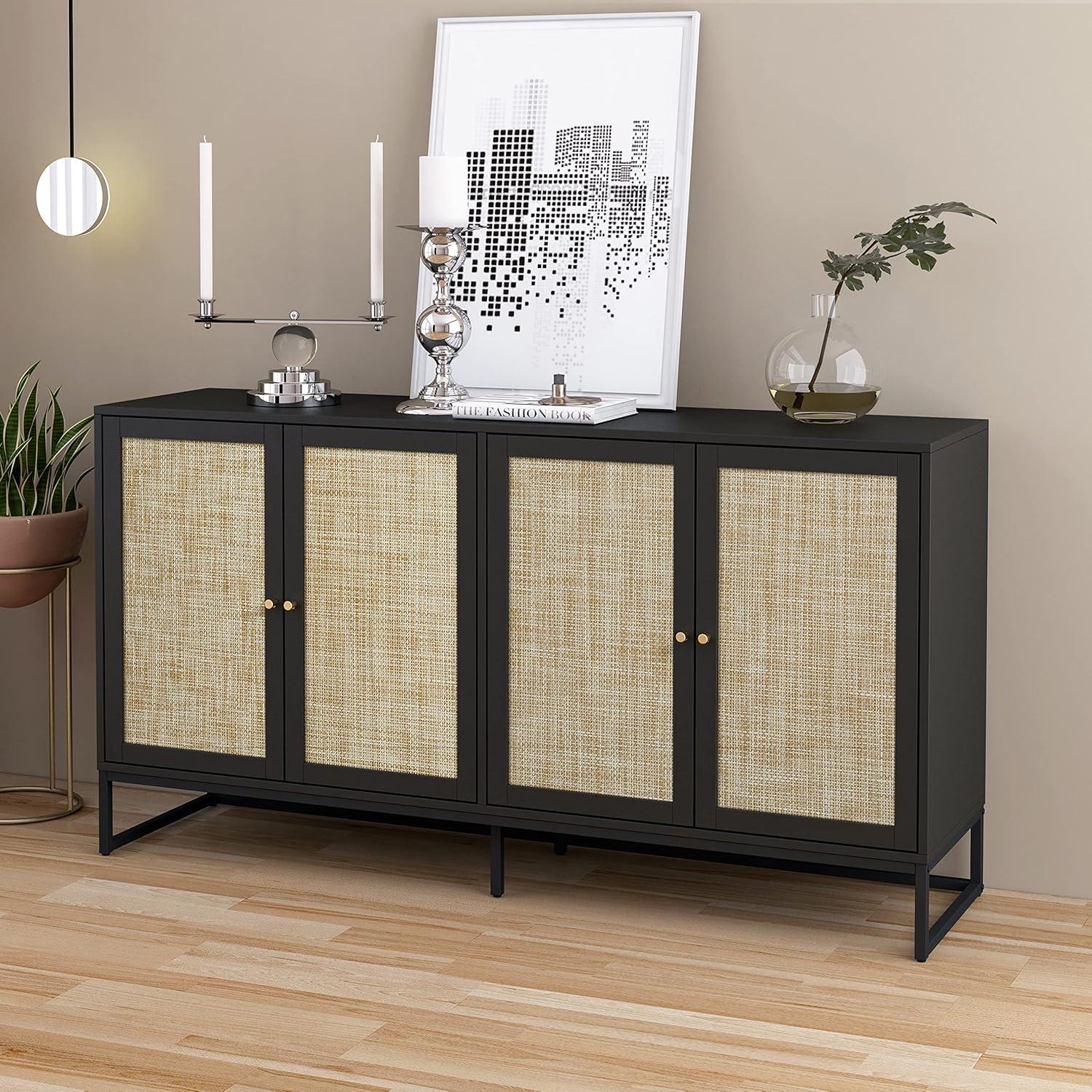 PORKISS Rattan Buffet Sideboard, Credenza Storage Cabinet with 4 Doors and Adjustable Shelve, Accent Cabinet for Dining Room, Kitchen, Living Room, Black