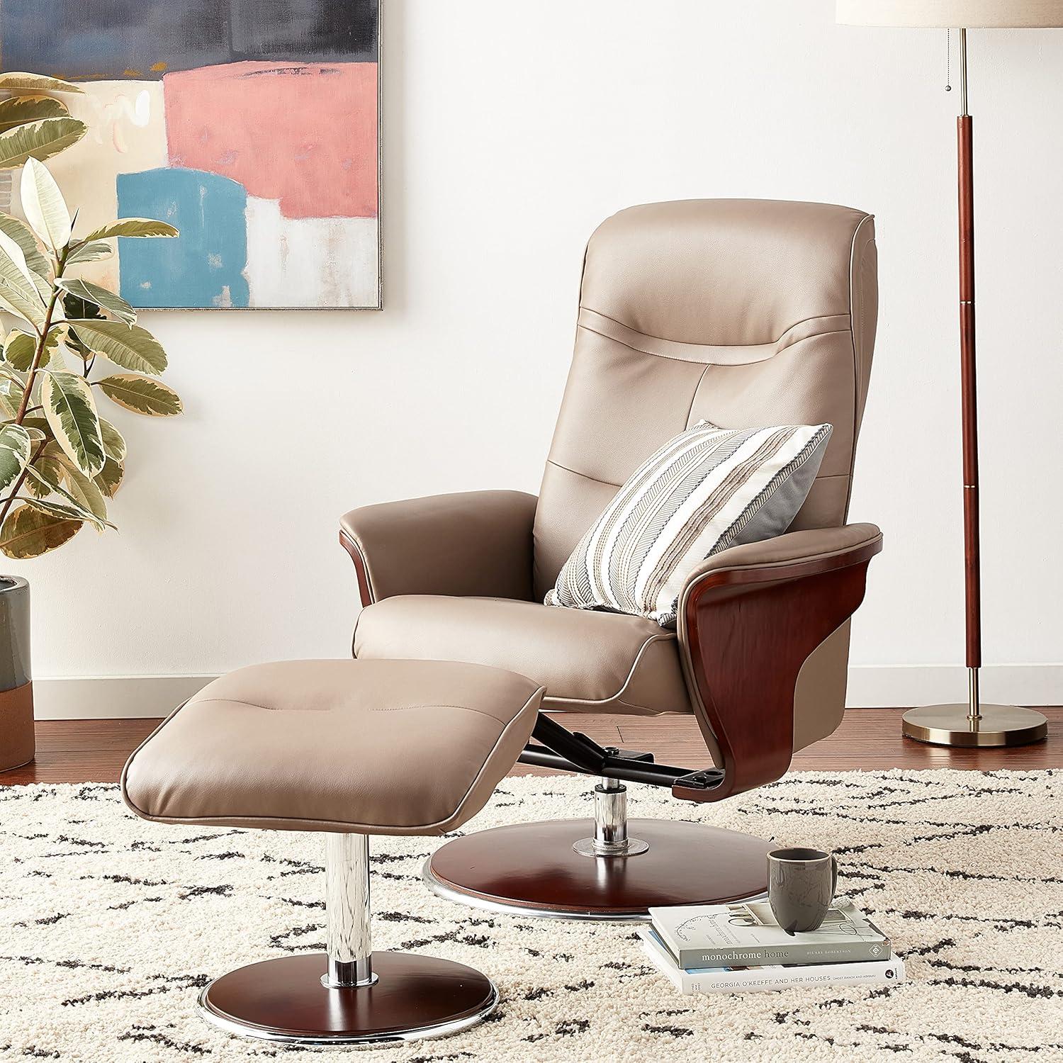 Modern Latte Leather Swivel Recliner with Ottoman and Dark Mahogany Base