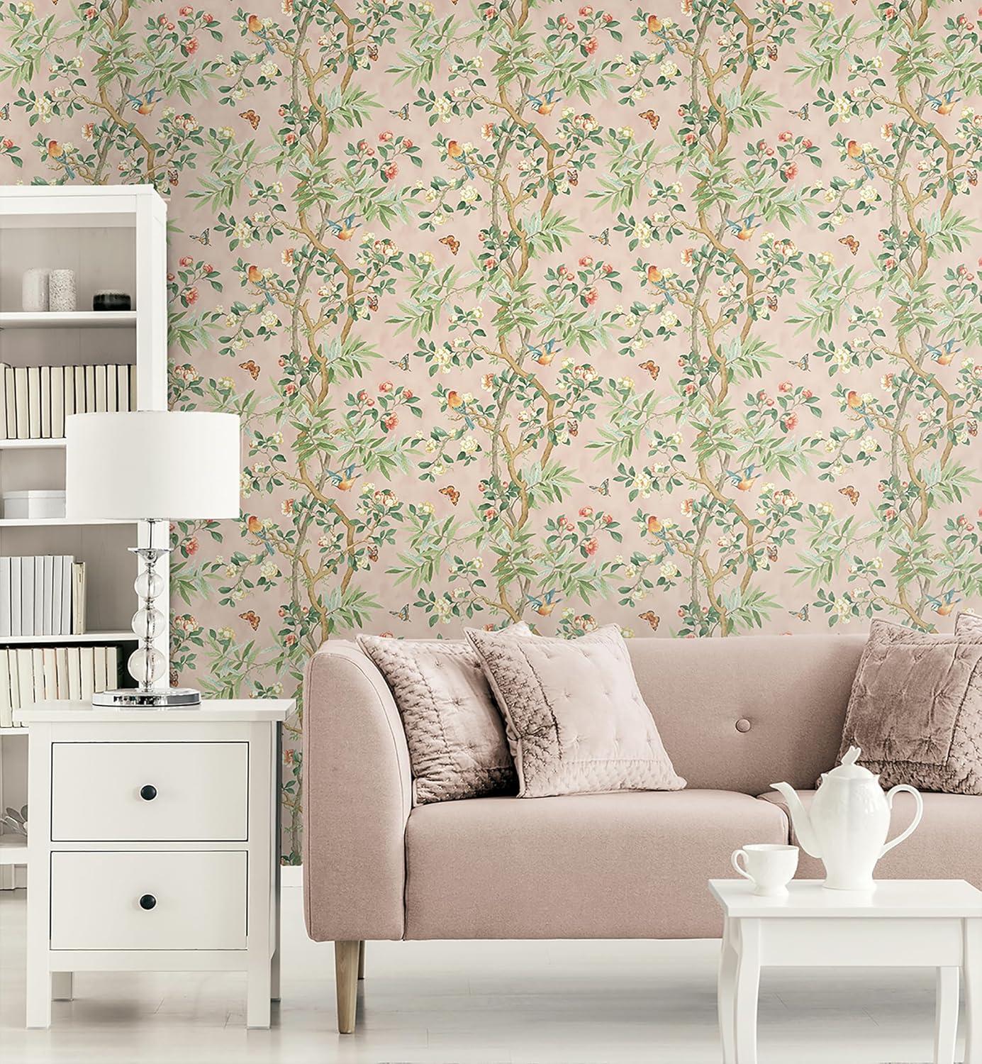 Kimono Vine Pink Bamboo Floral Peel and Stick Wallpaper