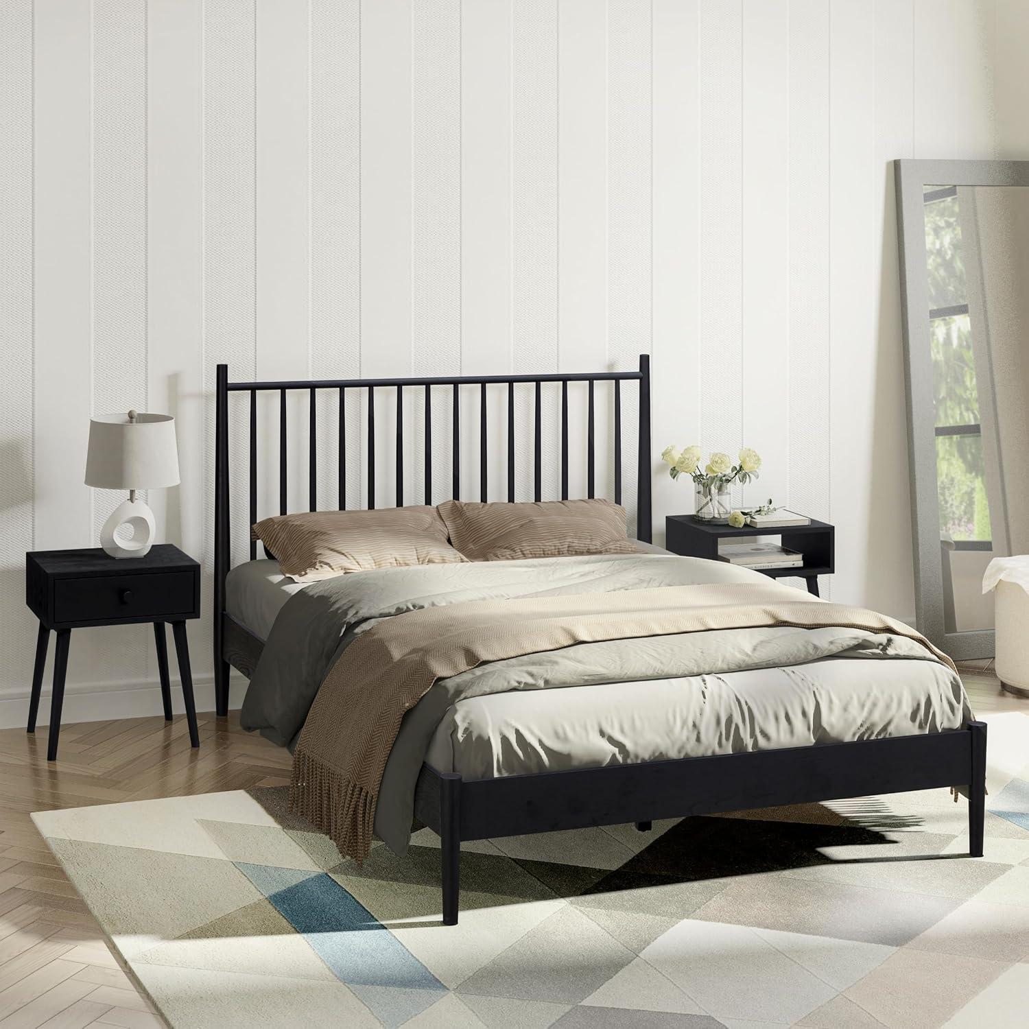 NTC Inno Solid Wood Bed Frame with Spindle Headboard and Silent Slats, 1000 lb Capacity