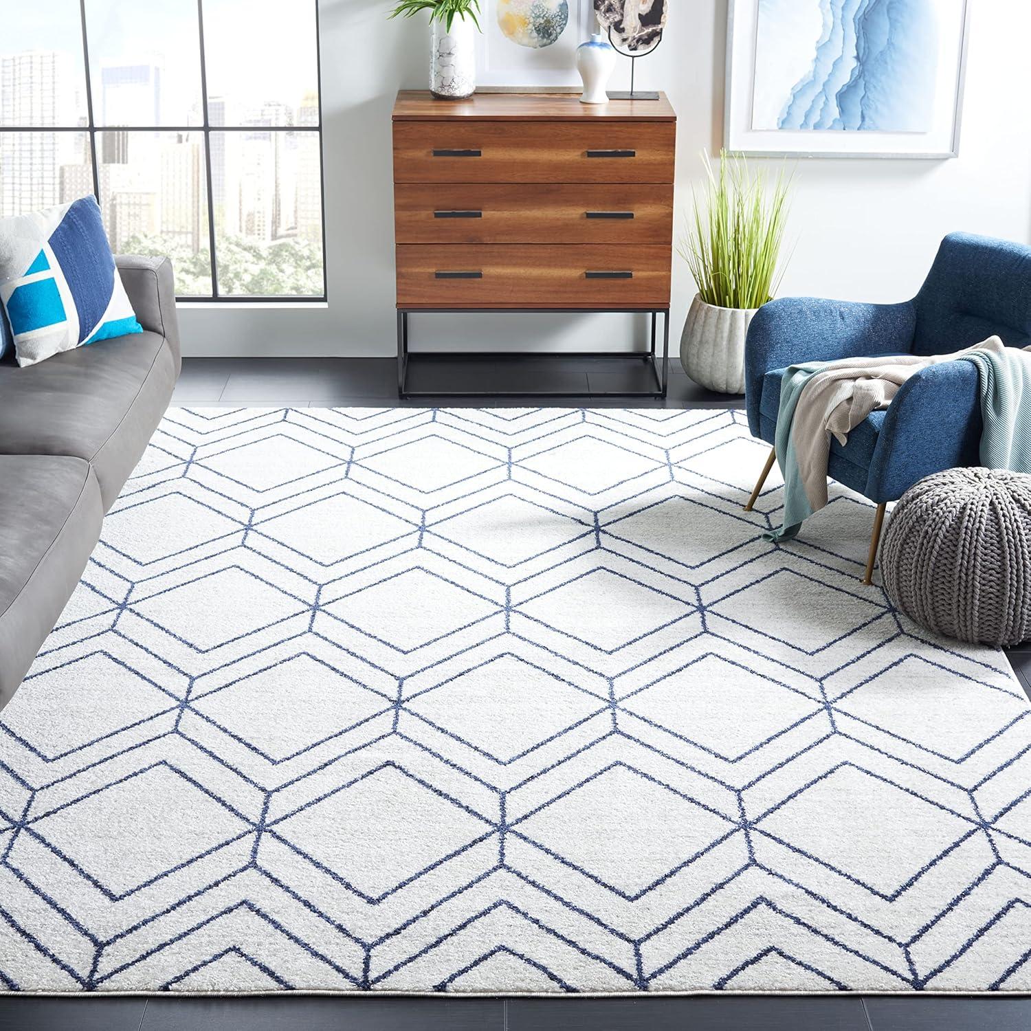 Light Grey and Navy Geometric 9' x 12' Synthetic Area Rug