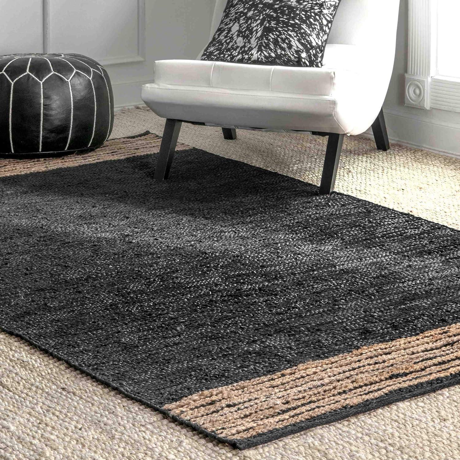 Hand Braided Jute and Leather Gray Striped 7'6" x 9'6" Area Rug