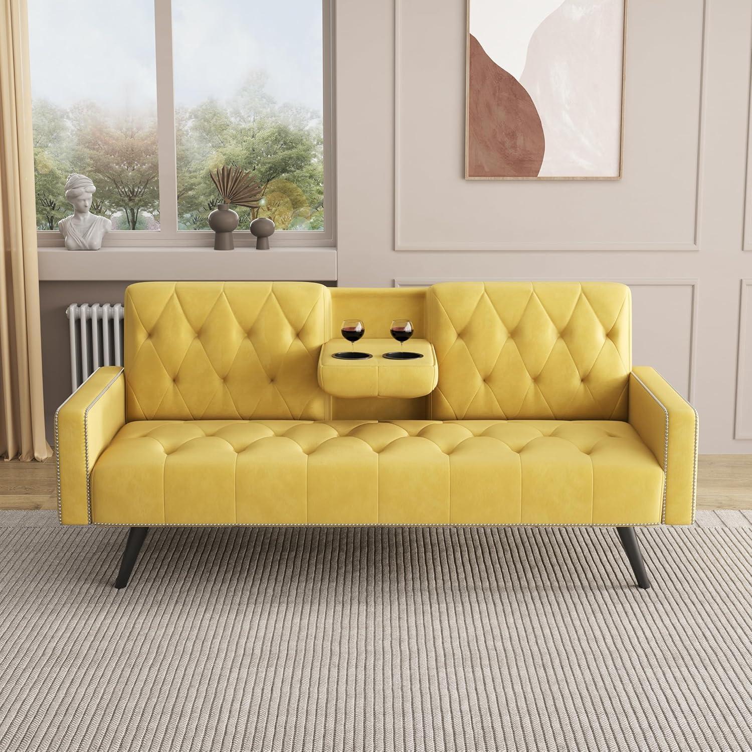 Modern Futon Sofa Bed, Armrest With Nail Head Trim, Convertible Sofa Bed, with 2 Cup Holders, 72" Velvet Loveseat Sofa Couch, Upholstered Sleeper Sofa Bed for Small Space