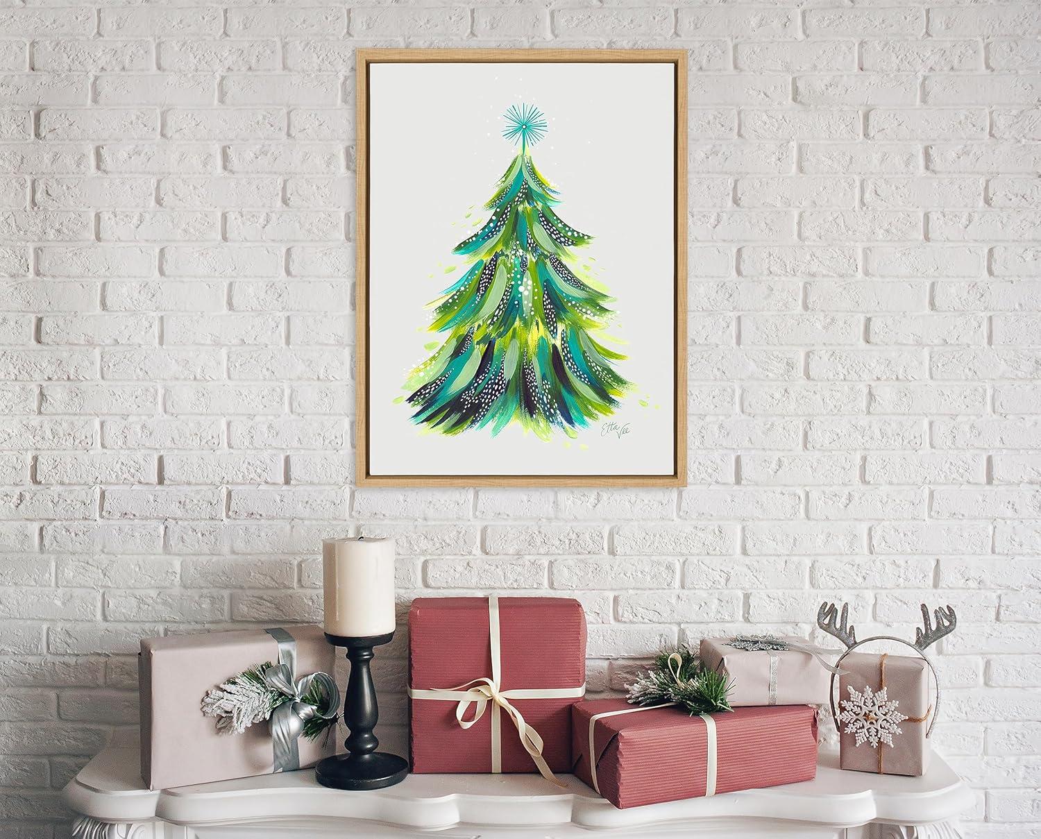 Kate and Laurel Sylvie Christmas Tree 1 Framed Canvas Wall Art by Jessi Raulet of Ettavee, 18x24 Natural, Holiday Christmas Tree Art for Wall