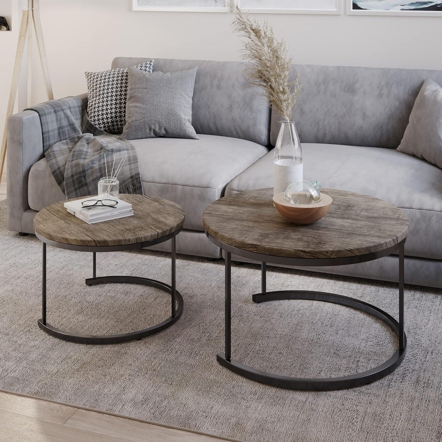 Lavish Home 2-Piece Round Nesting Coffee Tables, Modern Farmhouse Style, Gray/Brown