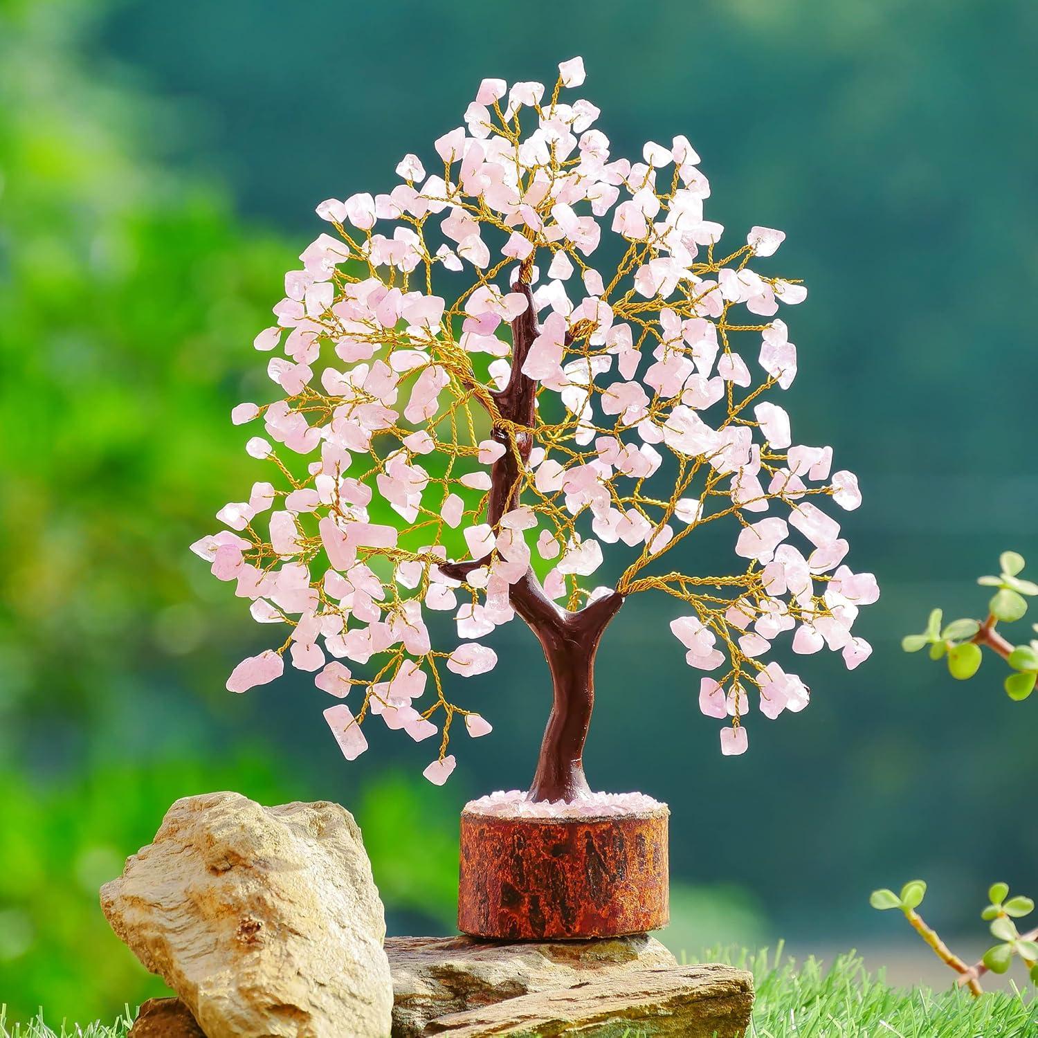 Rose Quartz Gemstone Tree - Crystal for Positive Energy, Handmade Chakra Tree, Feng Shui Figurine Money Bonsai, Good Luck Reiki Healing Crystals, Decoration Ornament Sculpture Prosperity Gift